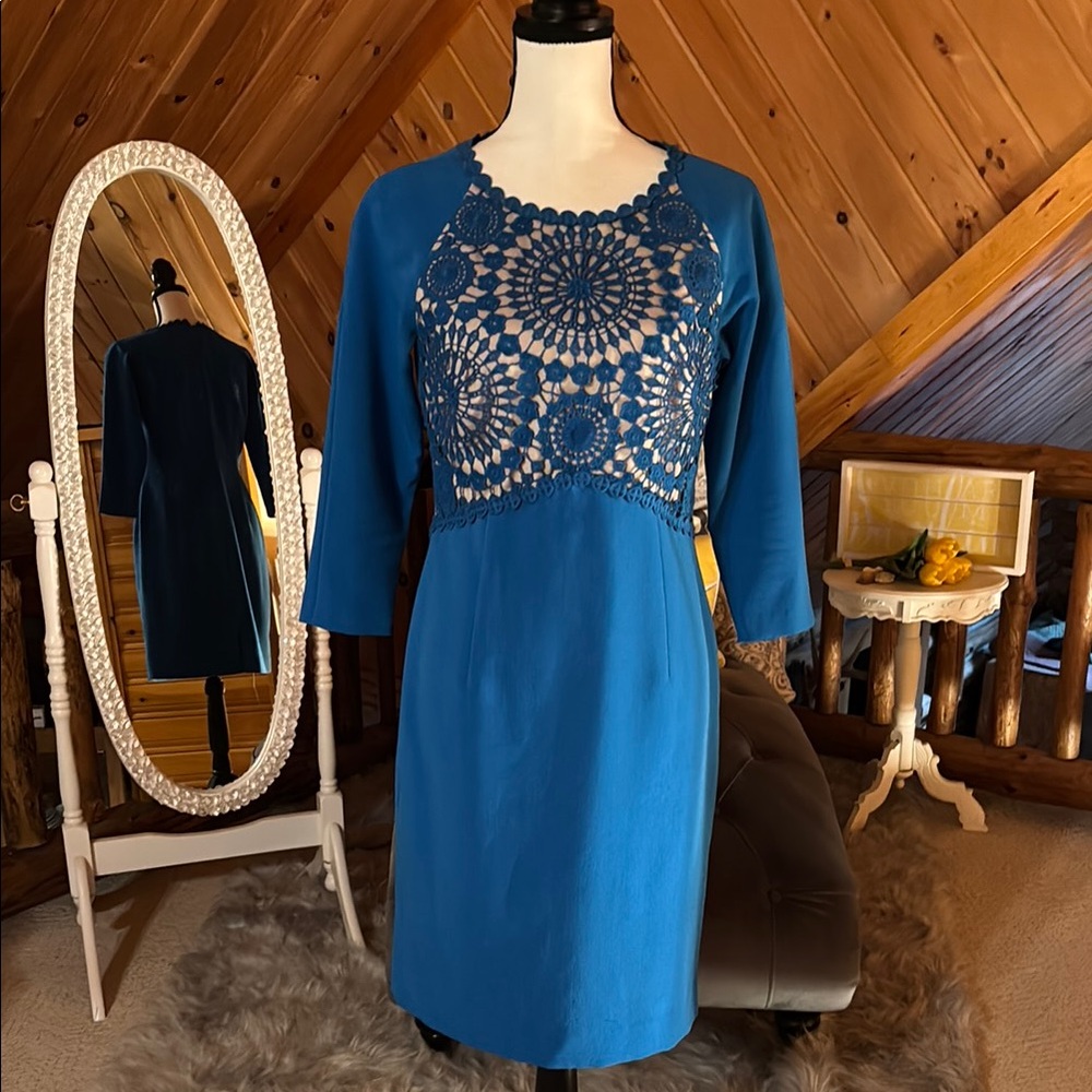 ANTONIO MELANI Blue Embellished Sheath Dress 3/4 Sleeve